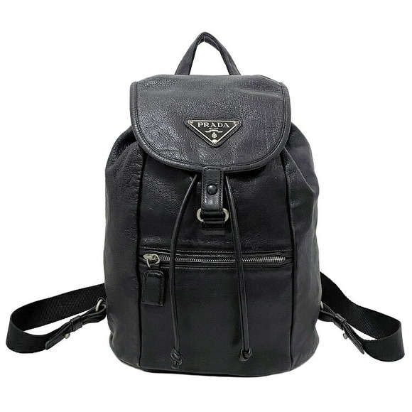 Prada Triangle Leather Black Backpack Drawstring - Picture 2 of 9